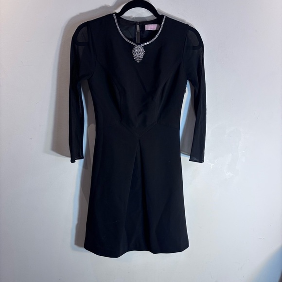 TED BAKER Sz 0 Elegant Black Over the Knee Dress Sheer Sleeves Jeweled Neckline - Picture 2 of 13